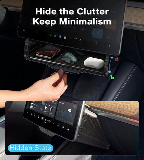 Person using Under Screen Storage Box For Tesla Model Y And Model 3 Juniper And Highland Editions Magnetic Hidden Privacy Center