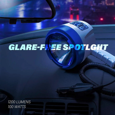 Corded Handheld Boat Spotlight 12V DC Halogen 1200 Lumens on car dashboard showcasing glare-free beam and 8 foot cord connectivity