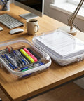Three Pack Clear Hard Plastic Zipper Case Waterproof Cosmetic Bag Transparent Stackable Storage Organizer Box For Travel Toiletries And Makeup, Great For Toys, Art Supplies, Craft Kits, Hobby Storage And Small Gear with office supplies on desk