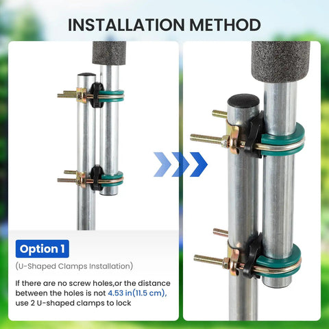 Installation method for Six Pack Curved Trampoline Replacement Poles Thick Galvanized Steel Upgrades with U-shaped clamps.