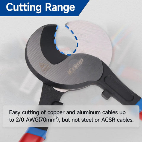 Pro Grade Heavy Duty Cable Cutter And 9 Inch Wire Snips cutting range for copper and aluminum up to 2/0 AWG.