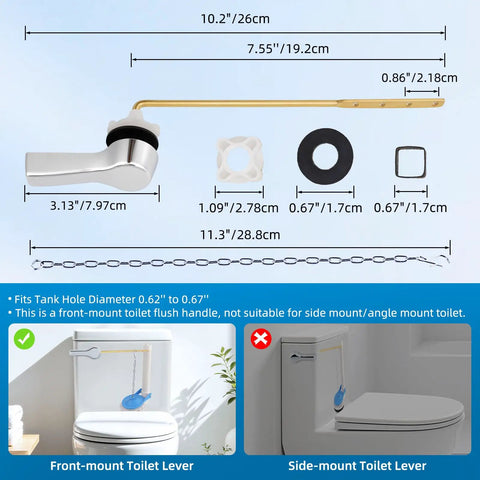 Diagram showing Universal Front Mount Toilet Handle Replacement in Chrome Finish with measurements and installation diagram.
