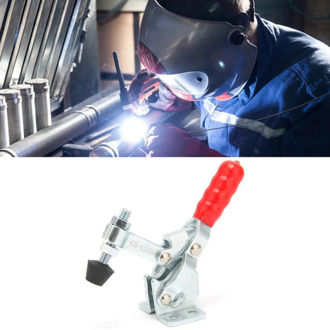 Beefy Heavy Duty Vertical Toggle Clamp With Quick Release For Welding And Equipment Setup, shown with ergonomic plastic handle.