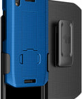 Sweet Kickstand Hard Shell Case And Rotating Belt Holster Bundle For Portable Scanners featuring blue textured case and clip.