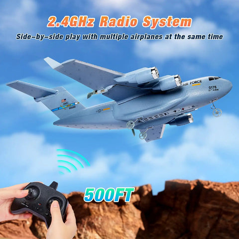 C17 Globemaster III RC Plane Ready To Fly 2.4 GHz Remote Control Aircraft with 6 Axis Gyro Stabilizer in flight with controller