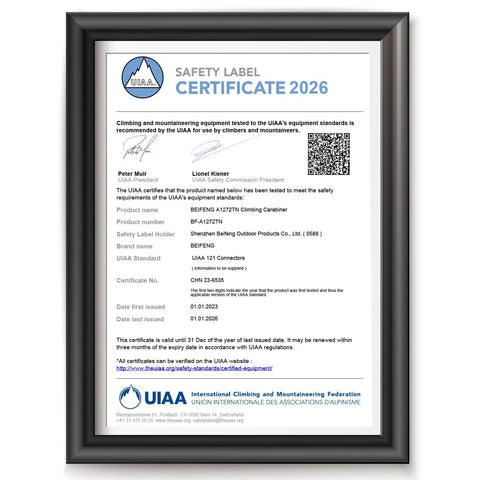 UIAA safety certification label for climbing and mountaineering equipment in a black frame, valid until 2026.