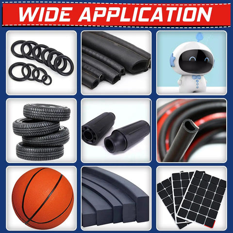 Collage showing the wide application of the 30g Black Adhesive For Shoes Metal And Plastic With Anti Clog Cap Waterproof And Heat Resistant Quick Bond For DIY Projects And Home Repairs The Go To Heavy Duty Glue on various items such as rubber O-rings, tubing, a basketball, tires, and robot figurine.