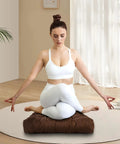 Meditation Floor Cushions Set Of 2 Comfy Thickened Memory Foam Pillows For Adults Large 22 By 22 Inch Square Seat Cushions For Tatami Living Room And Yoga With Back Support Pain Relief And Cozy Brown, woman meditating on brown cushion