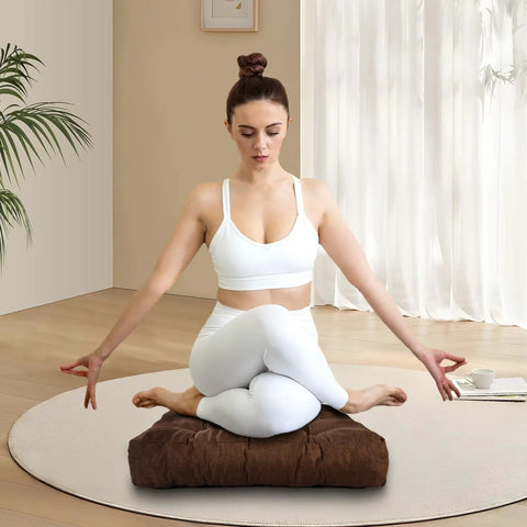 Meditation Floor Cushions Set Of 2 Comfy Thickened Memory Foam Pillows For Adults Large 22 By 22 Inch Square Seat Cushions For Tatami Living Room And Yoga With Back Support Pain Relief And Cozy Brown, woman meditating on brown cushion