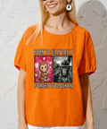 Woman wearing orange shirt with 'Born to dilly dally, forced to lock in' monkey meme design from Monkey Meme DTF Transfers Pack Ready to Press
