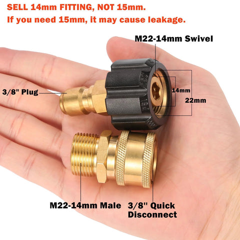 Sanpaint brass pressure-washer quick-connect fittings, M22 14mm to 3/8 in, 2-piece kit, close-up view