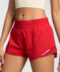 Model wearing Womens Quick Dry Running Shorts 2.5 Inch Inseam With High Waisted Zip Pockets Lightweight Gym Shorts Built In Liner XS