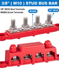 Heavy Duty 12V Bus Bar Power Distribution Block, 4 M10 studs, 3 M4 screws, red plastic, designed for reliable electrical distribution.