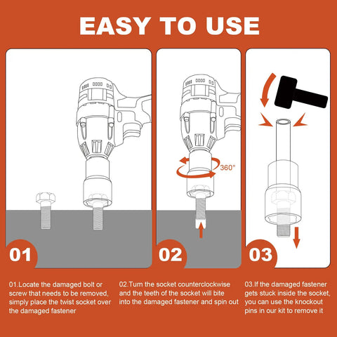 Three-step guide for using 19mm Lug Nut Remover For Damaged And Rusted Nuts And Screws Half Inch Drive Twist Socket with spiral design