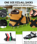 Lawn Aerator Shoes With 2.2 Inch Heavy Duty Spikes Metal Shovel Garden Gloves Adjustable Straps One Size Fits All Epoxy Construction Easy Yard Aeration Kit To Revive Patchy Grass And Boost Soil Health shown in use with adjustable straps on brown boots