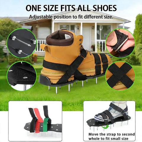 Lawn Aerator Shoes With 2.2 Inch Heavy Duty Spikes Metal Shovel Garden Gloves Adjustable Straps One Size Fits All Epoxy Construction Easy Yard Aeration Kit To Revive Patchy Grass And Boost Soil Health shown in use with adjustable straps on brown boots