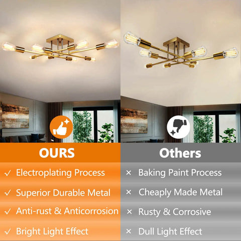Comparison of 8 Light Modern Sputnik Ceiling Fixture In Gold For Dining Room And Kitchen Semi Flush Mount Industrial Style Dope Chandelier For Living Room And Hallway with inferior product.