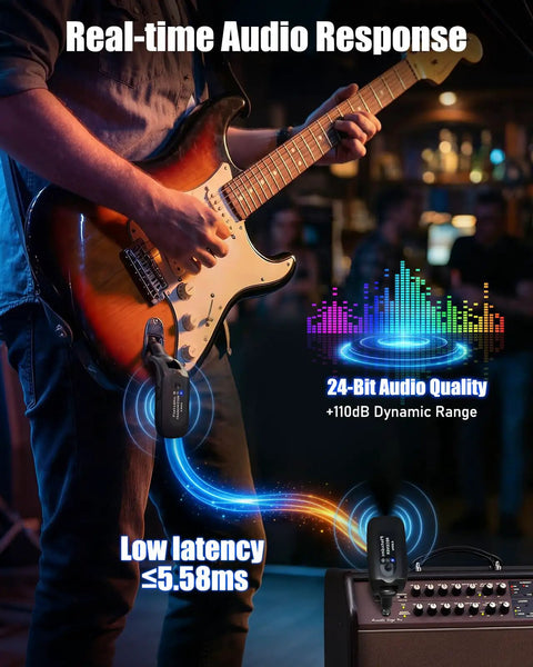 Musician playing electric guitar connected to 5.8GHz Wireless Guitar System For Electric Guitars And Bass with amp