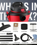 All In One 5 Gallon 4.5 HP Wet Dry Vacuum With Attachments For Home Garage Car And Workshop, showing included accessories.