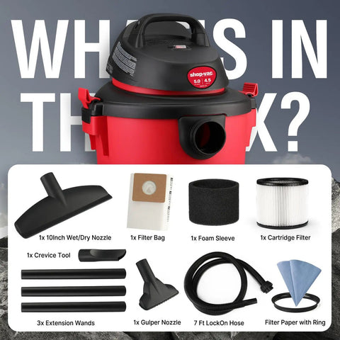 All In One 5 Gallon 4.5 HP Wet Dry Vacuum With Attachments For Home Garage Car And Workshop, showing included accessories.