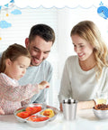 Family enjoying meal with Heavy Hitter 15 Piece Stainless Steel Kids Dinnerware Set With Three Compartment Plates And Spill Proof Cups Bowls Plus Fork Spoon Combo For Toddlers Seeking Zero Stress Mealtimes And Sick Durability.