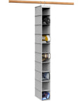 Ten-Tier Hanging Shoes Organizer For Closet In Grey, Space-Saving Vertical Shoe Rack With Durable Metal Dual-Hook Frame holding shoes.