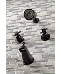 Concord Tub And Shower Faucet In Polished Chrome, Wall Mount Design, shown with brass and zinc alloy fittings on tiled surface
