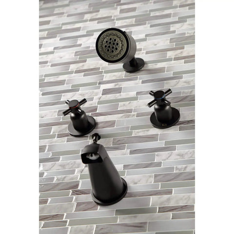 Concord Tub And Shower Faucet In Polished Chrome, Wall Mount Design, shown with brass and zinc alloy fittings on tiled surface