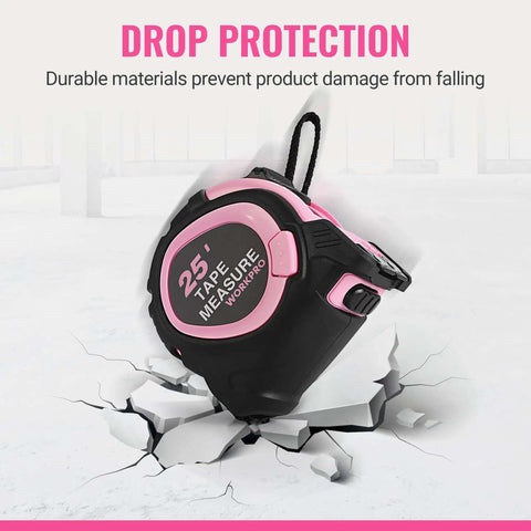 25 Foot Tape Measure With Fractions, Retractable Steel Blade, Magnetic Hook, Three Brake System, Nylon Coating in pink.