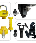 High Visibility Electric Fence Gate Handle Kit with 2 yellow handles, 4 anchors, 4 insulators, and screws visible in separate sections