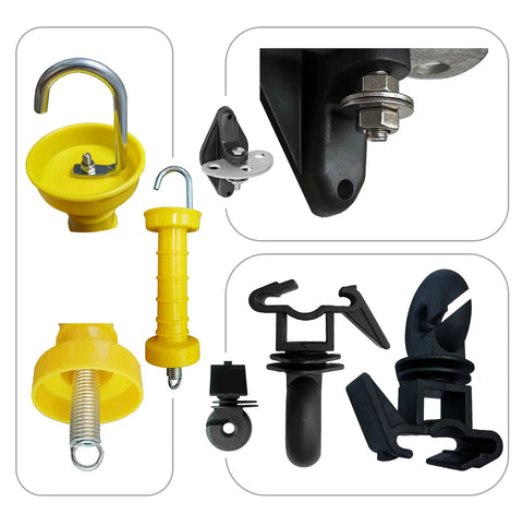 High Visibility Electric Fence Gate Handle Kit with 2 yellow handles, 4 anchors, 4 insulators, and screws visible in separate sections