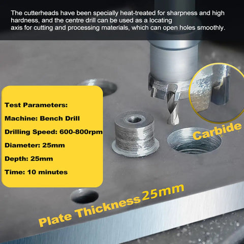 Heavy Duty Hole Saw Kit With Carbide Tipped Bits For Stainless Steel Cutting. 25mm carbide bit drilling 25mm steel plate
