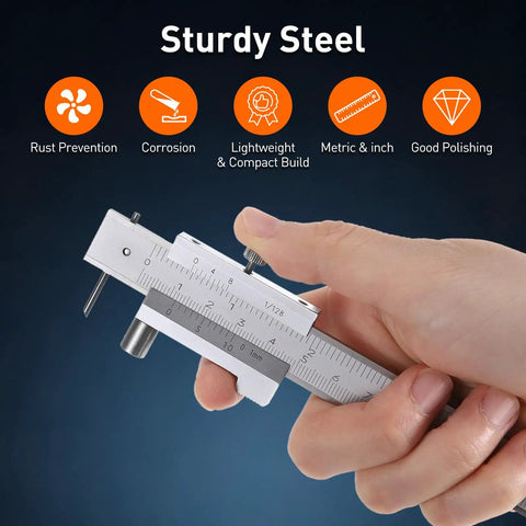 Hand holding Vernier Caliper 0-8 Inch and 0-200 MM Stainless Steel Dual Scale with Carbide Scriber, 0.004 Inch 0.1 MM Precision