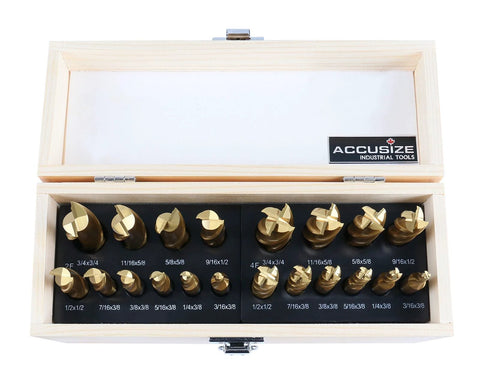 Accusize Industrial Tools 20-piece TiN-coated HSS end mill set in wooden case, inch sizes 3/16–3/4, 2F/4F, front view