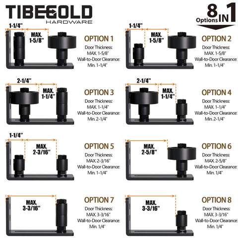 Bottom Adjustable Barn Door Floor Guide Kit With Wall Mounted Rollers 8 Setup Options diagram showing various measurements and configurations