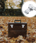 Spring Loaded Butterfly Latches Three Piece Set Stainless Steel on brown wooden toolbox surrounded by autumn leaves
