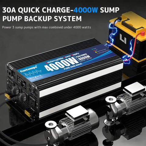 Heavy Duty 4000W Sump Pump Backup Battery System With Pure Sine Wave Output LCD Remote Control Four AC Outlets for sump pumps.