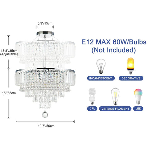 Glam Crystal Chandelier Pendant Light, 19.7 Inch Teardrop Crystal Drops, 6 Lights, diagram showing dimensions and bulb types.