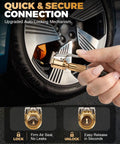 3 Pack Brass Tire Air Chuck With 8mm Threaded Male Lever Lock Inflator in action on car tire valve with lock symbols