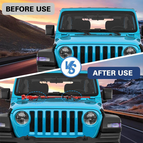 Heavy Duty Hi Lift Jack Mount for Jeep Wrangler Hood and Door Hinges Keeps Your Jack Off The Seats and Out Of The Cabin Fits 2007 to 2022 Wrangler JK JKU JL JLU Easy Front Or Rear Mount Steel Construction With Anti Corrosion Finish installed on hood of blue Jeep Wrangler