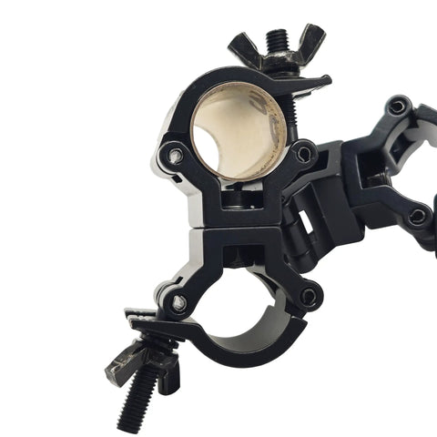 Two Pack 1 To 1.18 Inch Truss Dual Swivel Coupler Clamps For Stage DJ Lighting, Heavy Duty Aluminum 6061, 360 Degree Rotation, Wraparound Design, Fits 25 To 30mm Truss Tubing, Max Load 110lbs, TUV Certified, open truss clamp view