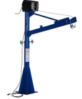 Built Like A Tank Freestanding AC Powered Jib Crane Features Heavy Duty Steel Frame And Smooth Electric Winch For Lifting Up To 1500 Lbs With Twenty Five Foot Cable For Warehouse Jobs, blue steel frame with winch.