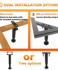 Top Shelf Four Pack Adjustable Bed Support Legs With Hefty Carbon Steel Replacement Frame Feet Featuring Silent Rubber Pads For Knockout Floor Guard And Straight Up Quick Height Tweaks On Any Bed Frame dual installation options shown