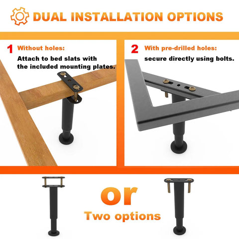 Top Shelf Four Pack Adjustable Bed Support Legs With Hefty Carbon Steel Replacement Frame Feet Featuring Silent Rubber Pads For Knockout Floor Guard And Straight Up Quick Height Tweaks On Any Bed Frame dual installation options shown