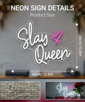 Slay Queen neon sign with white LED lights and pink heart design, 13x12.6 inches, displayed on a wall and tabletop.