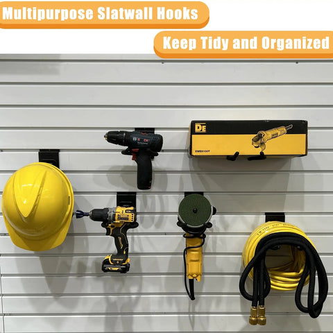 Adjustable Slatwall Weedeater And String Trimmer Hanger With Lockable Feature, 8 Inch Gear Rack For Garage Storage, Heavy Duty Power Tool Hanger Set, Slatwall Accessories, Black 2 Pack holding tools and helmet on slatwall.