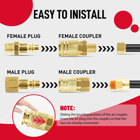 All In One 24 Piece One Quarter Inch NPT Quick Connect Air Hose Fittings Kit With Male And Female Couplers Plugs Hex Couplings Nipples And Thread Seal Tape For Home Garage And Professional Pneumatic Systems Up To 300 PSI, brass fittings assembly guide