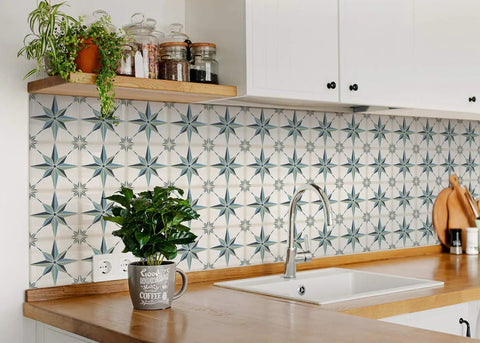 Talavera Tile Sticker Set 24 Pack Peel And Stick Wall Decals for kitchen backsplash with 4x4 inch star tile pattern