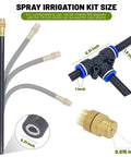 Close-up of 360 Degree Adjustable Drip Irrigation System Kit with 5/16 inch tubing and nozzle dimensions.