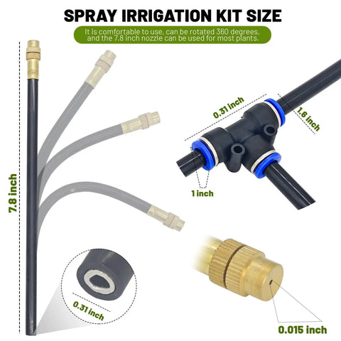 Close-up of 360 Degree Adjustable Drip Irrigation System Kit with 5/16 inch tubing and nozzle dimensions.
